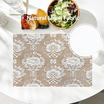 Batmerry Floral Placemats, Template White Lace Background Washable Linen Table Mats for Kitchen Table Double Insulation Decor Dining Set Indoor Outdoor 12X18 in Set of 6