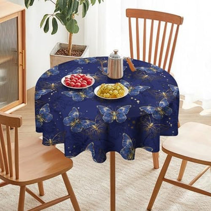 Retro Blue Butterfly Tablecloth, Luxury Golden Blue Butterfly Print Table Cover for Home Dining Decor Kitchen Party Outdoor, 36x36in