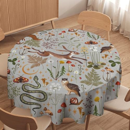 Woodland Animal Tablecloth, Grey Country Forest Hare Squirrel Owl Snake Snail Flowers Mushroom Print Table Cover for Picnic Party Holiday Home Kitchen Dining Table Decor, 50x50in