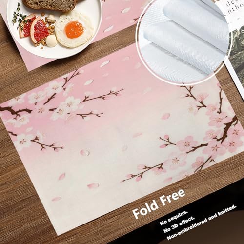 Batmerry Pink Cherry Blossom Linen Placemats Set of 8, Delicate Spring Blossoms Washable Table Mats for Kitchen Table Thickened Heat Insulation Dining Set Indoor Outdoor 12X18 in