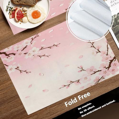 Batmerry Pink Cherry Blossom Linen Placemats Set of 4, Delicate Spring Blossoms Washable Table Mats for Kitchen Table Thickened Heat Insulation Dining Set Indoor Outdoor 12X18 in