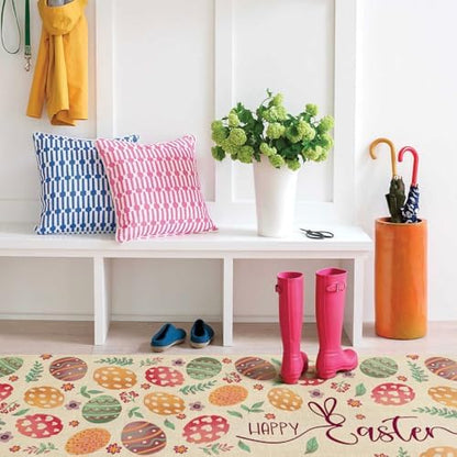 Happy Easter Kitchen Rugs and Mats Set of 2,Spring Eggs Flowers Floral Farmhouse Non Slip Washable Floor Sink Mats Decorations for Home Kitchen 18"x48"+18"x30"