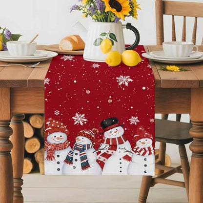 Christmas Snowman Red Table Runner Dresser Scarf 13 x 72 Inch Cute Xmas Snowman Snowflakes Winter Table Runners Non-Slip Heat Resistant Kitchen Dining Table Decor for Home Holidays Indoor Outdoor