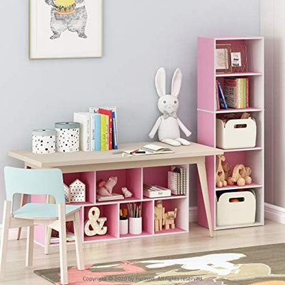 Furinno LUDER Book Shelf, 5-Tier Bookshelf, Bookcase with Open Shelves, 9.4 x 15.8 x 52, Easy Assembly, for Living Room, Bedroom, Home Office, White/Pink