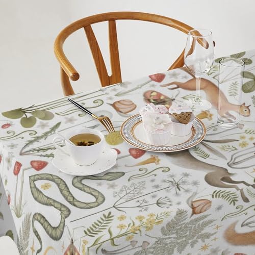 Country Forest Tablecloth, Wild Animal Hare Squirrel Owl Snake Snail Flowers Mushroom Table Cover for Tea Party Weddings Indoor Outdoor Dining 55x75in