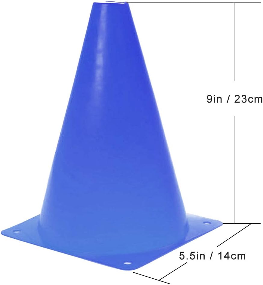 9 Inch Plastic Training Traffic Cones, Sport Cones, Agility Field Marker Cones for Soccer Basketball Football Drills Training, Outdoor Activity or Events - (Set of 10, 12, 15 or 24, 4 Colors)