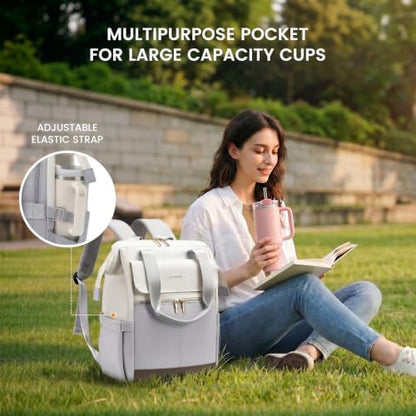 LOVEVOOK Laptop Backpack for Women with Giant Tumbler Holder, 17.3 Inch Work Laptop Bag with USB Port, Fashion Teacher Nurse Backpack Purse, Waterproof Travel Computer Backpack, 2PCS, Beige-Light Grey