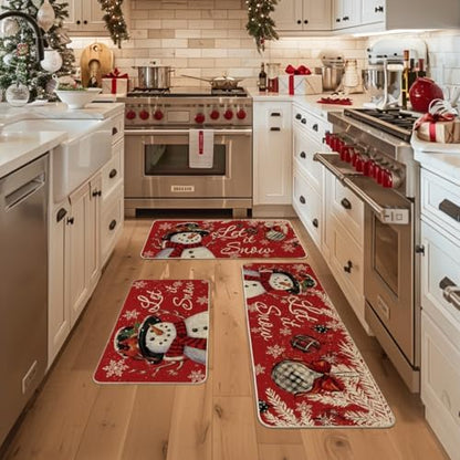 Artoid Mode Snowman Let It Snow Snowflake Christmas Kitchen Mats Set of 3, Winter Home Decor Low-Profile Kitchen Rugs for Floor - 17"x29"+17"x36"+17"x47"