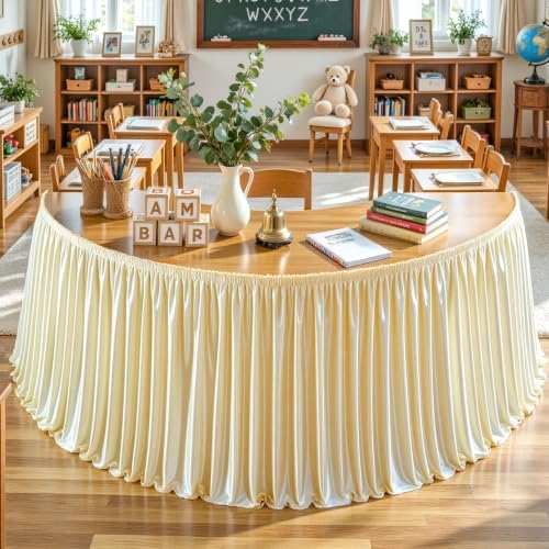 Wish Care 14ft Champagne Satin Table Skirt for Rectangle Tables Wrinkle Free Teacher Desk Skirt Glitter Ruffle Table Skirting Cloth for Back to School Classroom Office Dorm Birthday Party Table Decor