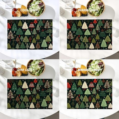 Batmerry Christmas New Year Linen Placemats Set of 4, Christmas Tree Cartoon Black Background Washable Table Mats for Kitchen Table Thickened Heat Insulation Dining Set Indoor Outdoor 12X18 in