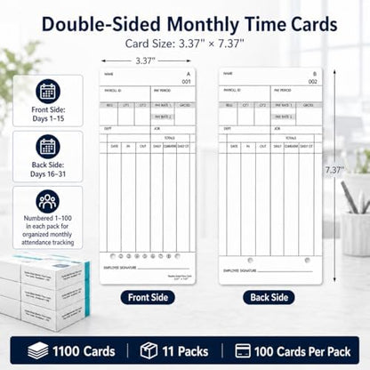 1100 Time Cards Compatible with Nile 4500PP/4500PP10 & Pyramid 3800/3800-10 Time Clocks, Numbered 1-100 Monthly Double-Sided Timecards for Employees, 3.37" x 7.37"