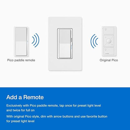 Lutron Diva Smart Dimmer Light Switch for Caseta Lighting (Lutron Smart Hub Required), for LED Lights, 150W, Single-Pole/3-Way, No Neutral, Gray (DVRF-6L-GR)