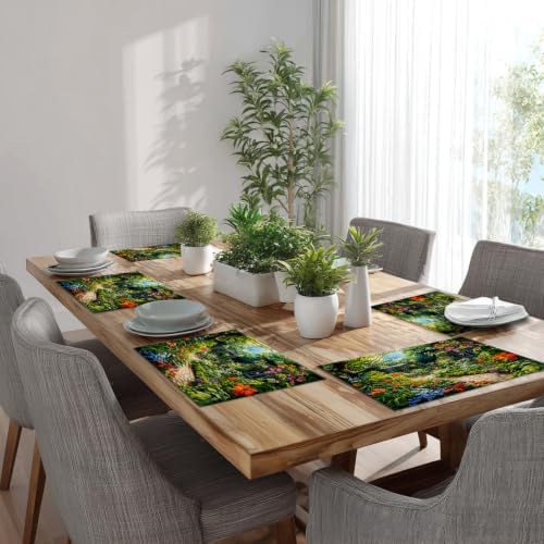 Batmerry Beautiful Garden Lush Plants Linen Placemats Set of 6, Serene Garden Scene Washable Table Mats for Kitchen Table Thickened Heat Insulation Dining Set Indoor Outdoor 12X18 in