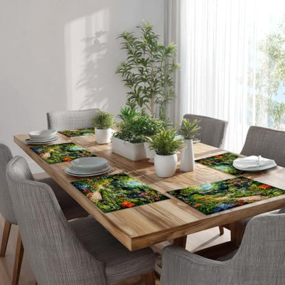 Batmerry Beautiful Garden Lush Plants Linen Placemats Set of 6, Serene Garden Scene Washable Table Mats for Kitchen Table Thickened Heat Insulation Dining Set Indoor Outdoor 12X18 in