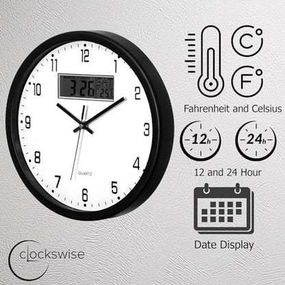 Clockswise 12-inch Wall Clock, Non-Ticking Analog & Digital with Temperature Display Battery Powered, Silent Operation, Switchable Time and Date - Perfect for Classroom Office Bedroom and Study, Black