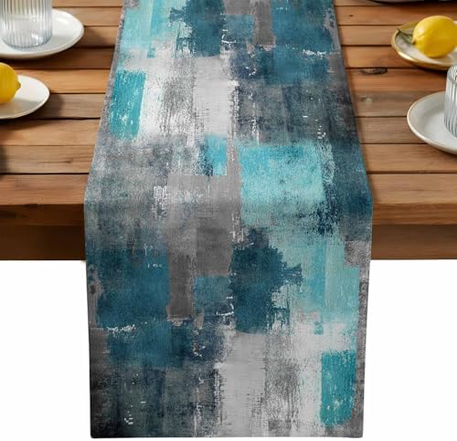Teal Grey Abstract Art Table Runner Dresser Scarf 13 x 36 Inch Modern Turquoise Color Block Graffiti Table Runners Non-Slip Heat Resistant Kitchen Dining Table Decor for Home Holidays Indoor Outdoor