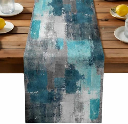 Teal Grey Abstract Art Table Runner Dresser Scarf 13 x 36 Inch Modern Turquoise Color Block Graffiti Table Runners Non-Slip Heat Resistant Kitchen Dining Table Decor for Home Holidays Indoor Outdoor