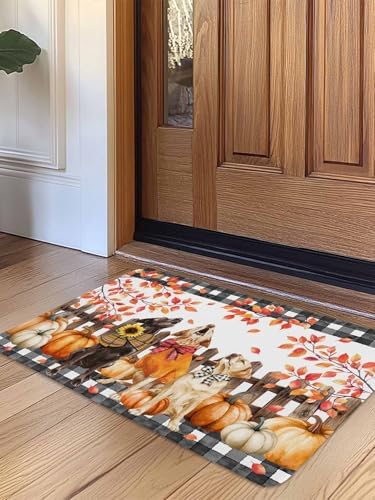 Fall Door Mat Orange Pumpkin Dog Doormat Bow Puppy Maple Leaves Fence Plaid Harvest Thanksgiving Welcome Mat Non Slip Entryway Front Rug Floor Mat for Indoor Outdoor Kitchen Autumn Holiday Decor 20x32