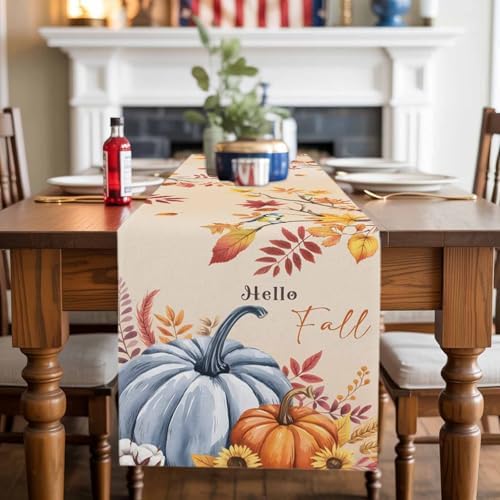 Fall Table Runner Hello Fall Pumpkin Table Runners Harvest Thanksgiving Maple Leaves Sunflower Bird Cotton Linen Dresser Scarf Kitchen Dining Table Decor for Autumn Holiday Party Coffee 13x48 Inch