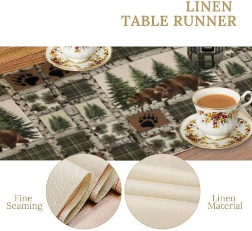 Rustic Cabin Moose Deer Bear Table Runner, Retro Bear Cottage Country Style Cabin Farmhouse Dinner Runner for Home Kitchen Dining Table Decoration 13x60inch
