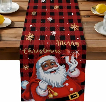 Black Santa Claus Table Runner Dresser Scarf 13 x 108 Inch Merry Christmas Snowflake Red Black Plaid Table Runners Non-Slip Heat Resistant Kitchen Dining Table Decor for Home Holidays Indoor Outdoor