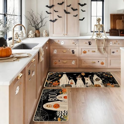 Baccessor Halloween Kitchen Rugs Set of 2, Ghost Boo Dog Pumpkin Spider Web Kitchen Mats for Floor Washable Low-Profile Farmhouse Spooky Holiday Home Indoor Outdoor Decor 17x29 and 17x47 Inch