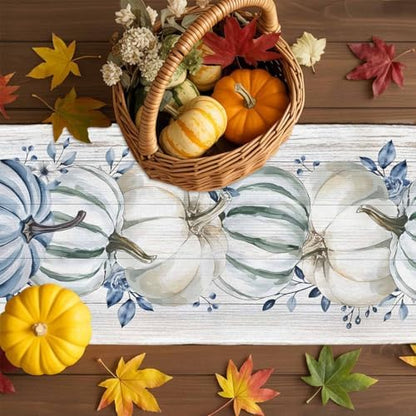 Fall Table Runner Blue Pumpkin Table Runners Harvest Thanksgiving White Blue Pumpkins Wooden Cotton Linen Dresser Scarf Kitchen Dining Table Decor for Autumn Holiday Party Coffee 13x36 Inch