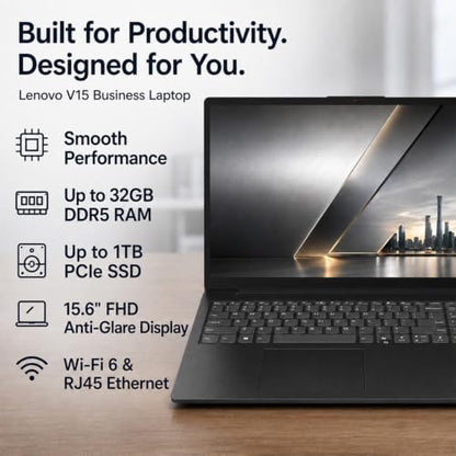 Lenovo 2026 V15 Slim Laptop | 15.6" Anti-Glare FHD Display | Intel Powerful Quad-Core Processor | 8GB DDR5 RAM | 512GB SSD | Wi-Fi 6 | RJ45 Ethernet | Long Battery Life | Win 11 Pro | MS 365 Web