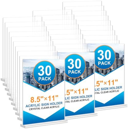Arrobust 30 Pack Acrylic Sign Holder 8.5 x 11, Clear Display Table Top Signs Stand, Double Sided T Shape Flyer Holder, Plastic Frames Paper Holder for Stores Home Office Store Restaurants Wedding Retail Show Fair
