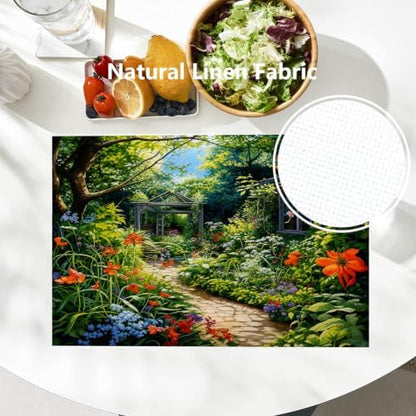 Batmerry Beautiful Garden Lush Plants Linen Placemats Set of 6, Serene Garden Scene Washable Table Mats for Kitchen Table Thickened Heat Insulation Dining Set Indoor Outdoor 12X18 in
