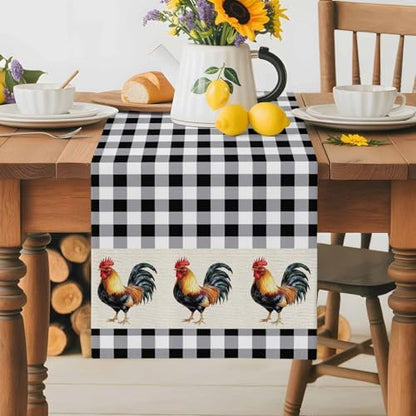 Farm Animals Chicken Table Runner Dresser Scarf 13 x 120 Inch Black White Buffalo Plaid Linen Table Runners Non-Slip Heat Resistant Kitchen Dining Table Decor for Home Holidays Indoor Outdoor