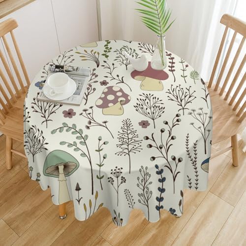 Mushroom Tablecloth, Boho Floral Rustic Wildflower Herbs Plants Colorful Botanical Green Leaves Print Table Cloth for Kitchen Dining Picnic Party Restaurant Decoration, 70x70in