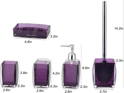 5 Pcs Purple Acrylic Bathroom Accessories Set Complete,Lotion/Soap Dispenser,Soap Dish,Toothbrush Holder, Tumbler,Toilet Brush and Holder,Modern Bathroom Decor and Housewarming Gift Set,Purple