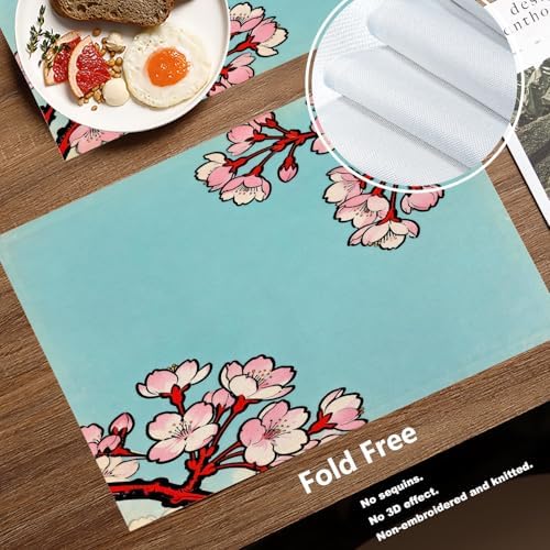Batmerry Shabby Chic Cherry Blossom Linen Placemats Set of 6, Red Black Cherry Branch Washable Table Mats for Kitchen Table Thickened Heat Insulation Dining Set Indoor Outdoor 12X18 in