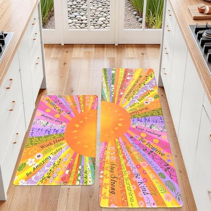 Boho Kitchen Mats for Floor Floral Cushioned Anti Fatigue Mats for Kitchen Floor for Sink, Stove, Desk, Laundry,17"x30"+17"x47", Orange