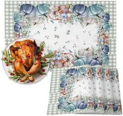 Fall Thanksgiving Placemats Set of 6, Navy Blue Pumpkins Green Eucalyptus Leaves Heat Resistant Washable Table Place Mats Sage Farmhouse Plaid Table Linens Decor for Home Kitchen Dining Outdoor Indoor