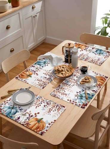 Fall Thanksgiving Placemats Set of 4, Watercolor Pumpkins Eucalyptus Leaves Heat Resistant Washable Linen Table Place Mats Party Holiday Decor for Home Kitchen Dining Outdoor Indoor, Blue Orange