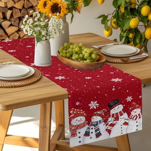 Christmas Snowman Red Table Runner Dresser Scarf 13 x 72 Inch Cute Xmas Snowman Snowflakes Winter Table Runners Non-Slip Heat Resistant Kitchen Dining Table Decor for Home Holidays Indoor Outdoor