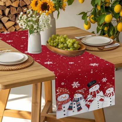 Christmas Snowman Red Table Runner Dresser Scarf 13 x 72 Inch Cute Xmas Snowman Snowflakes Winter Table Runners Non-Slip Heat Resistant Kitchen Dining Table Decor for Home Holidays Indoor Outdoor