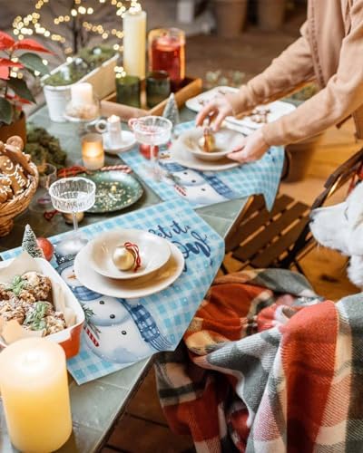 Snowman Christmas Placemats Set of 4, Let It Snow Winter Holiday Heat Resistant Washable Table Place Mats Blue White Buffalo Plaid Table Linens Party Holiday Decor for Kitchen Dining Outdoor Indoor