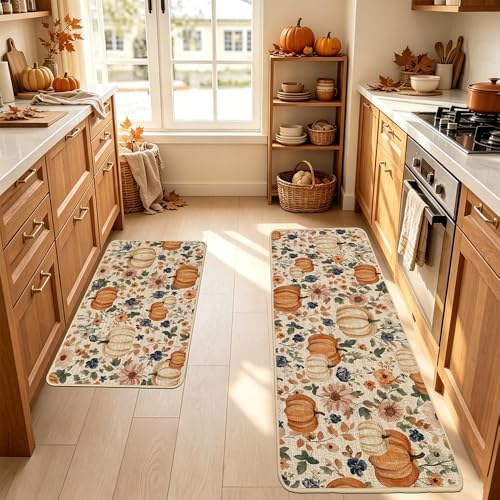 Baccessor Pumpkin Fall Kitchen Mats Set of 2, Vintage Kitchen Rugs for Floor Low-Profile Fall Thanksgiving Home Decor 17x29 and 17x47 Inch