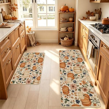 Baccessor Pumpkin Fall Kitchen Mats Set of 2, Vintage Kitchen Rugs for Floor Low-Profile Fall Thanksgiving Home Decor 17x29 and 17x47 Inch