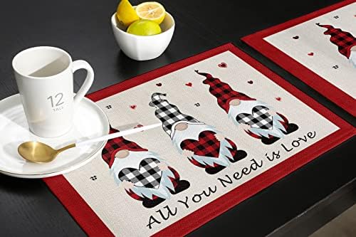 Vandarllin Valentines Day Gnomes Placemats Set of 4,Buffalo Check Plaid Love Hearts Polyester Stain Resistant Table Mats Washable Placemat Decoration for Kitchen Dining Table Rustic Farmhouse