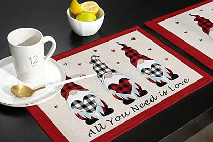 Vandarllin Valentines Day Gnomes Placemats Set of 4,Buffalo Check Plaid Love Hearts Polyester Stain Resistant Table Mats Washable Placemat Decoration for Kitchen Dining Table Rustic Farmhouse