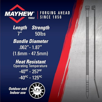Mayhew Tools MB7-50HS-M Heat Stable Cable Ties, 7" 50 lbs. Tensile Strength, 1000-Pack, Black