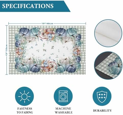 Fall Thanksgiving Placemats Set of 6, Navy Blue Pumpkins Green Eucalyptus Leaves Heat Resistant Washable Table Place Mats Sage Farmhouse Plaid Table Linens Decor for Home Kitchen Dining Outdoor Indoor
