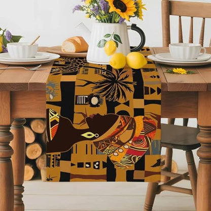 Black African Female Table Runner Dresser Scarf 13 x 120 Inch Elephant Giraffe Ethnic Wind Brown Black Table Runners Non-Slip Heat Resistant Kitchen Dining Table Decor for Home Holidays Indoor Outdoor