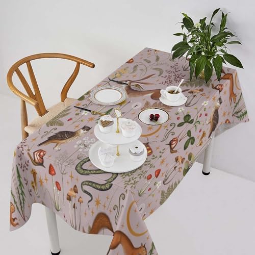 Rustic Forest Tablecloth, Pink Woodland Wild Animal Hare Squirrel Owl Snail Flowers Mushroom Table Cloth for Home Kitchen Dining Outdoor Patio Wedding Decor 55x75in