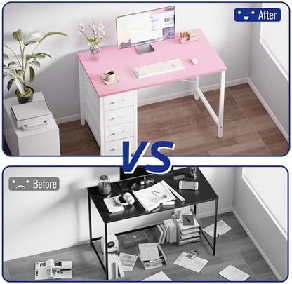 Pamray 32 Inch Computer Desk with 4 Drawers Small Office Desk for Home Bedroom Study Writing Simple Modern Computer Table Pink