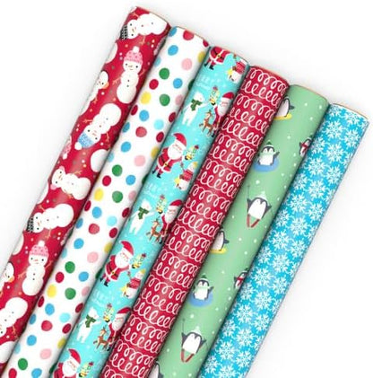 Hallmark Kids Christmas Wrapping Paper Rolls with Cutlines on Reverse (6 Rolls: 180 Sq. Ft. Total) Snowman, Snowflakes, Penguins, Santa Claus